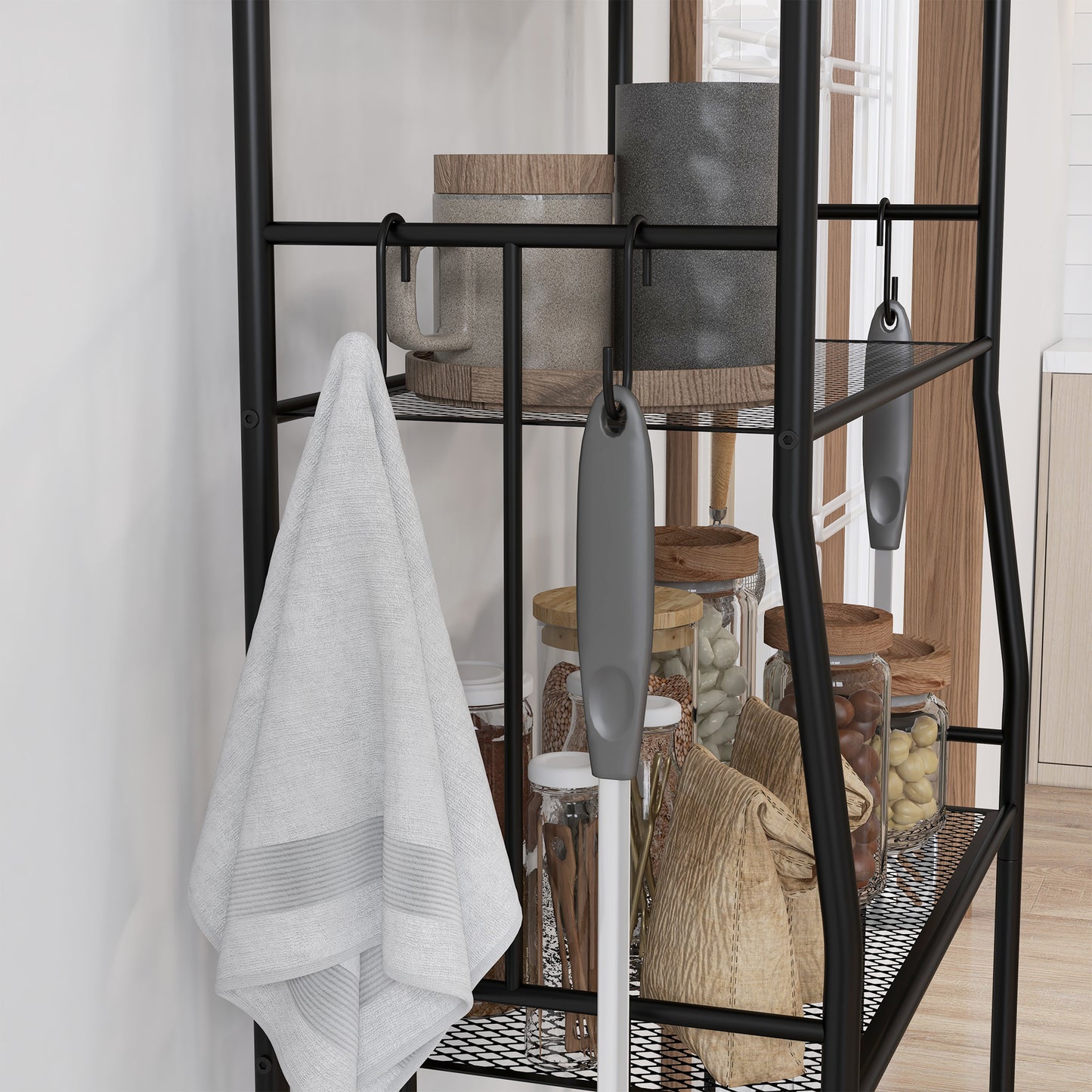5-Tier Kitchen Storage Unit, Microwave Stand with Open Shelves and Hooks