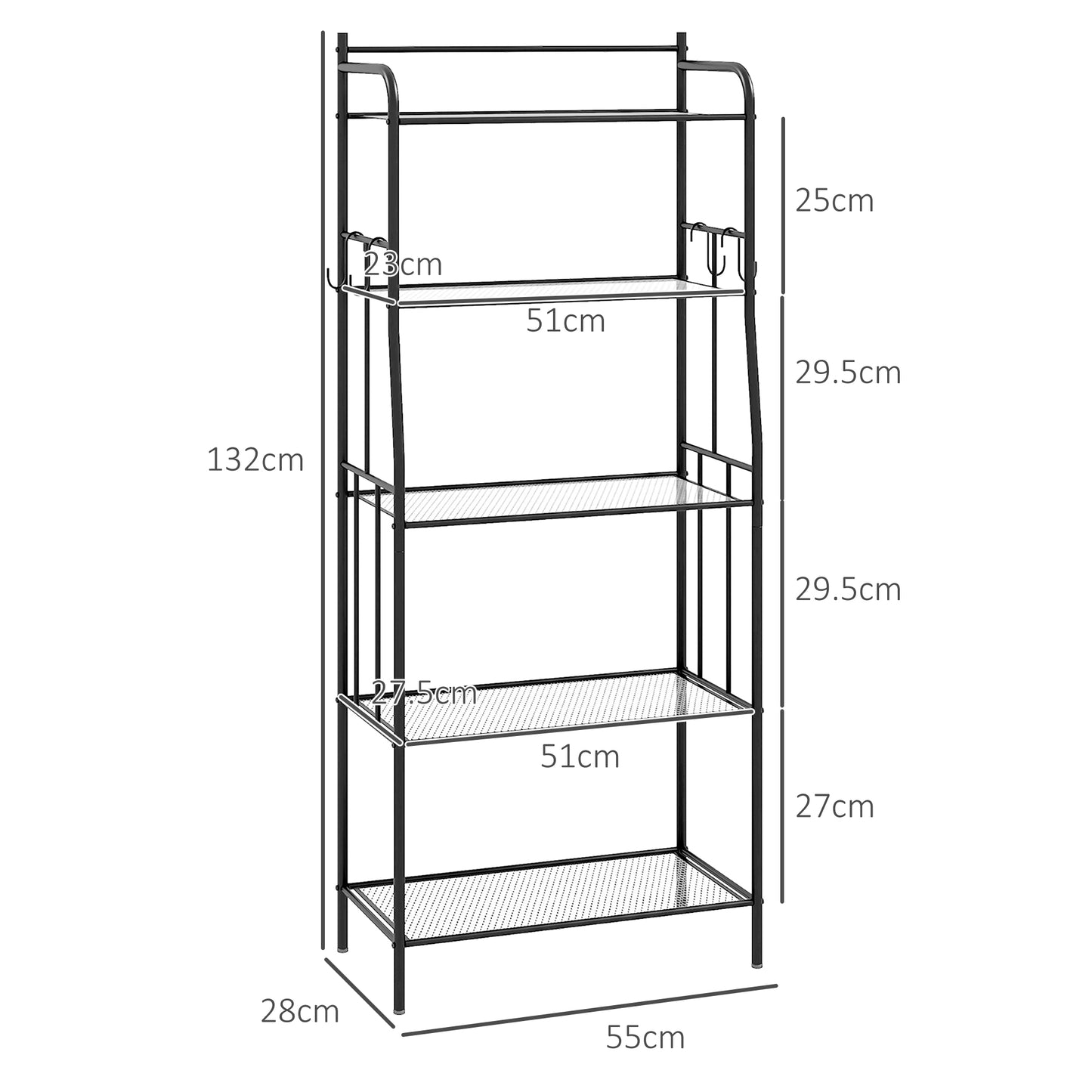 5-Tier Kitchen Storage Unit, Microwave Stand with Open Shelves and Hooks