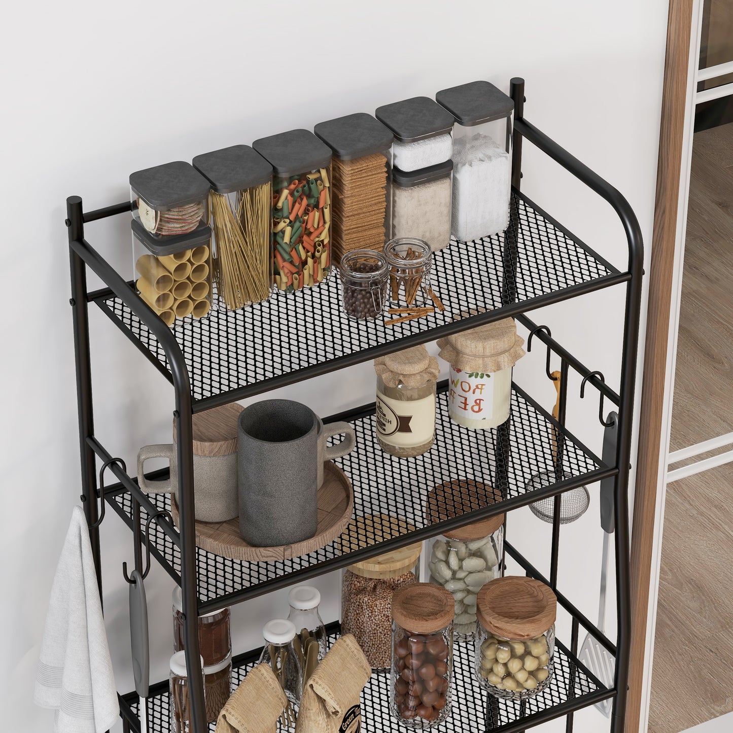 5-Tier Kitchen Storage Unit, Microwave Stand with Open Shelves and Hooks