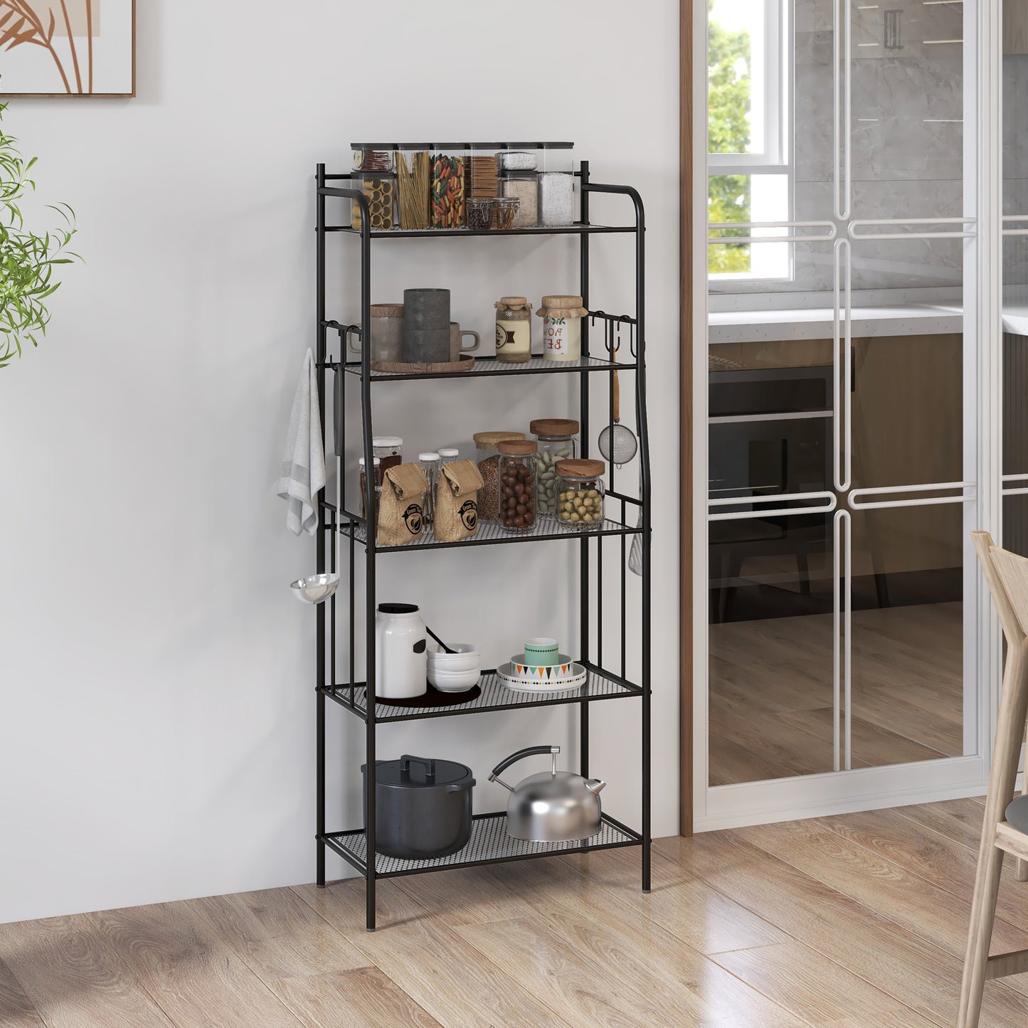 5-Tier Kitchen Storage Unit, Microwave Stand with Open Shelves and Hooks