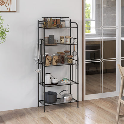 5-Tier Kitchen Storage Unit, Microwave Stand with Open Shelves and Hooks