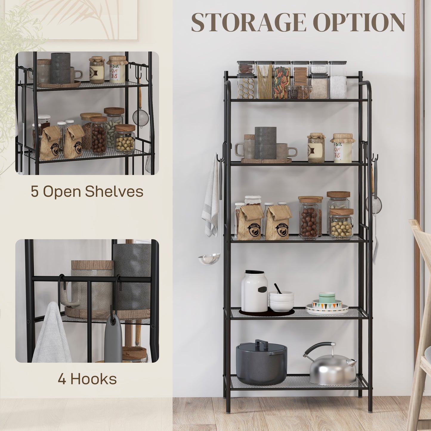 5-Tier Kitchen Storage Unit, Microwave Stand with Open Shelves and Hooks
