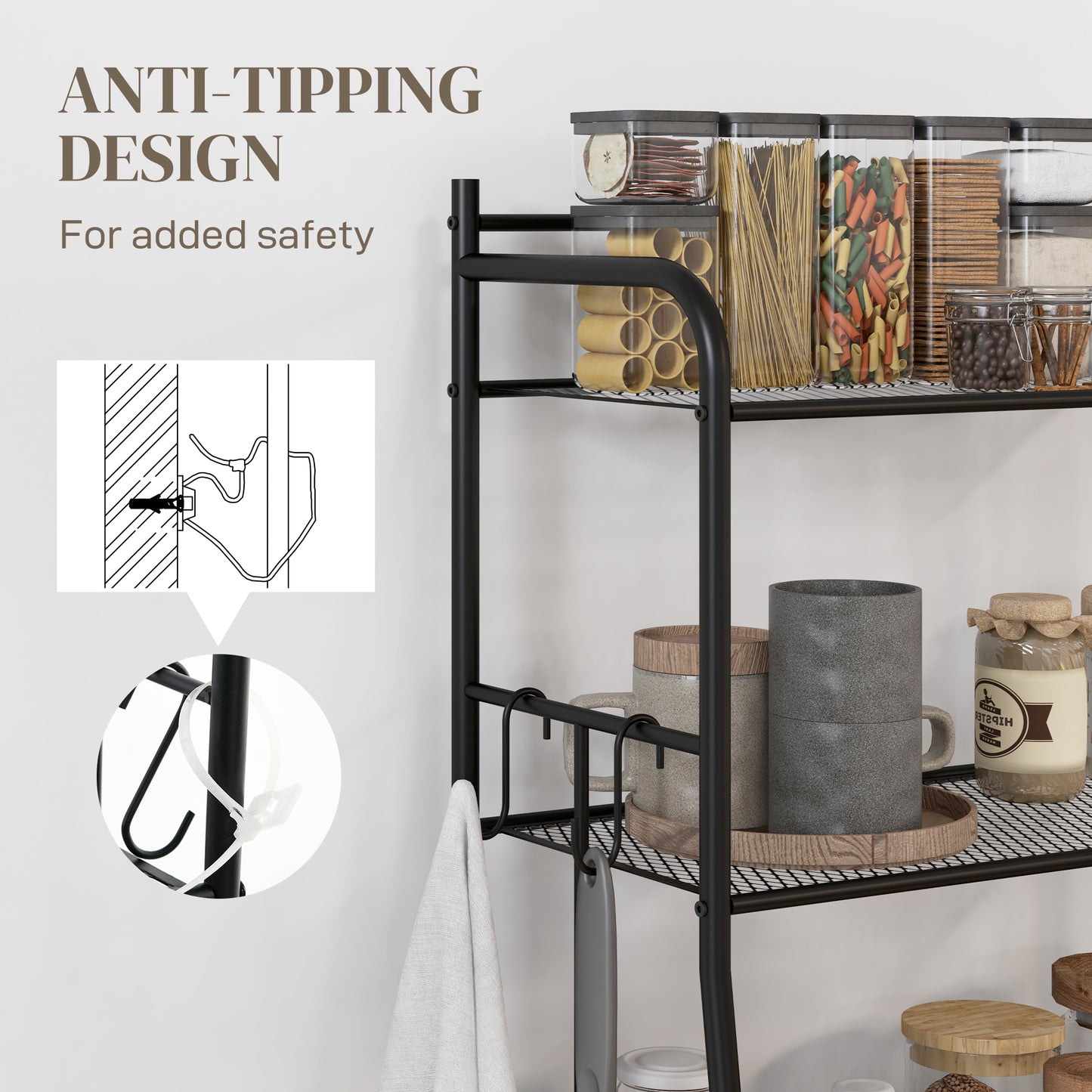 5-Tier Kitchen Storage Unit, Microwave Stand with Open Shelves and Hooks