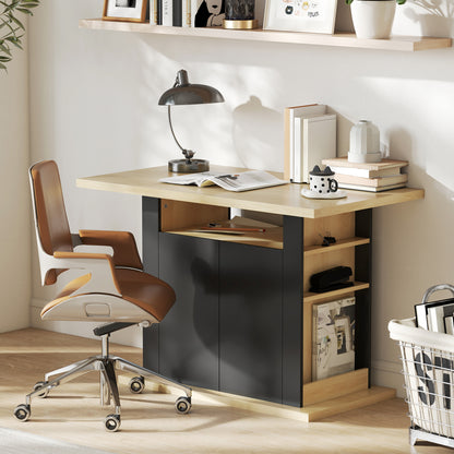 Kitchen Island with Storage Cabinet and Spice Rack, Black & Natural