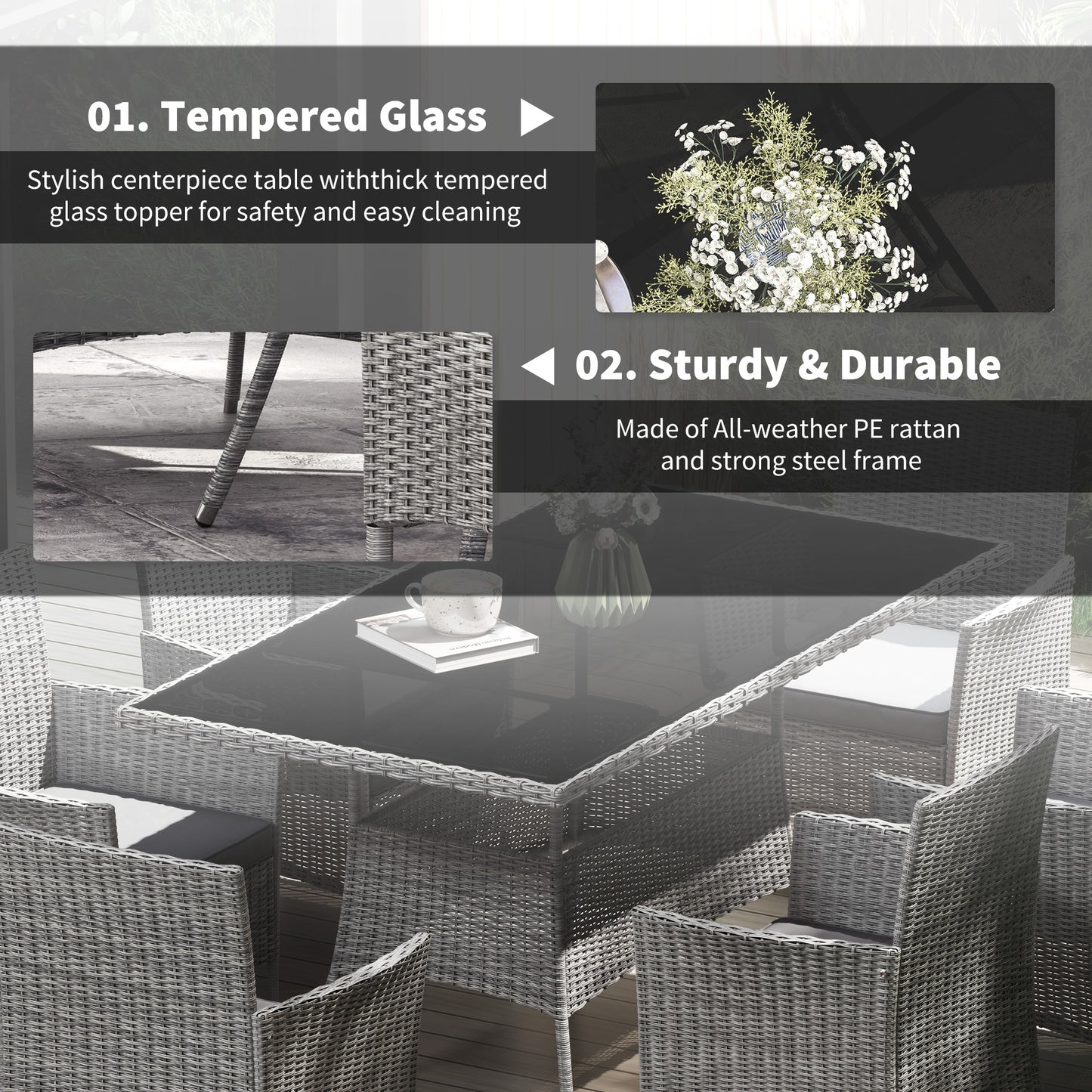 Rattan Dining Set for 6 with Cushions, Glass Top Table