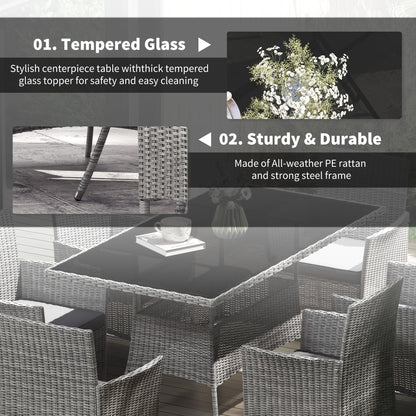 Rattan Dining Set for 6 with Cushions, Glass Top Table