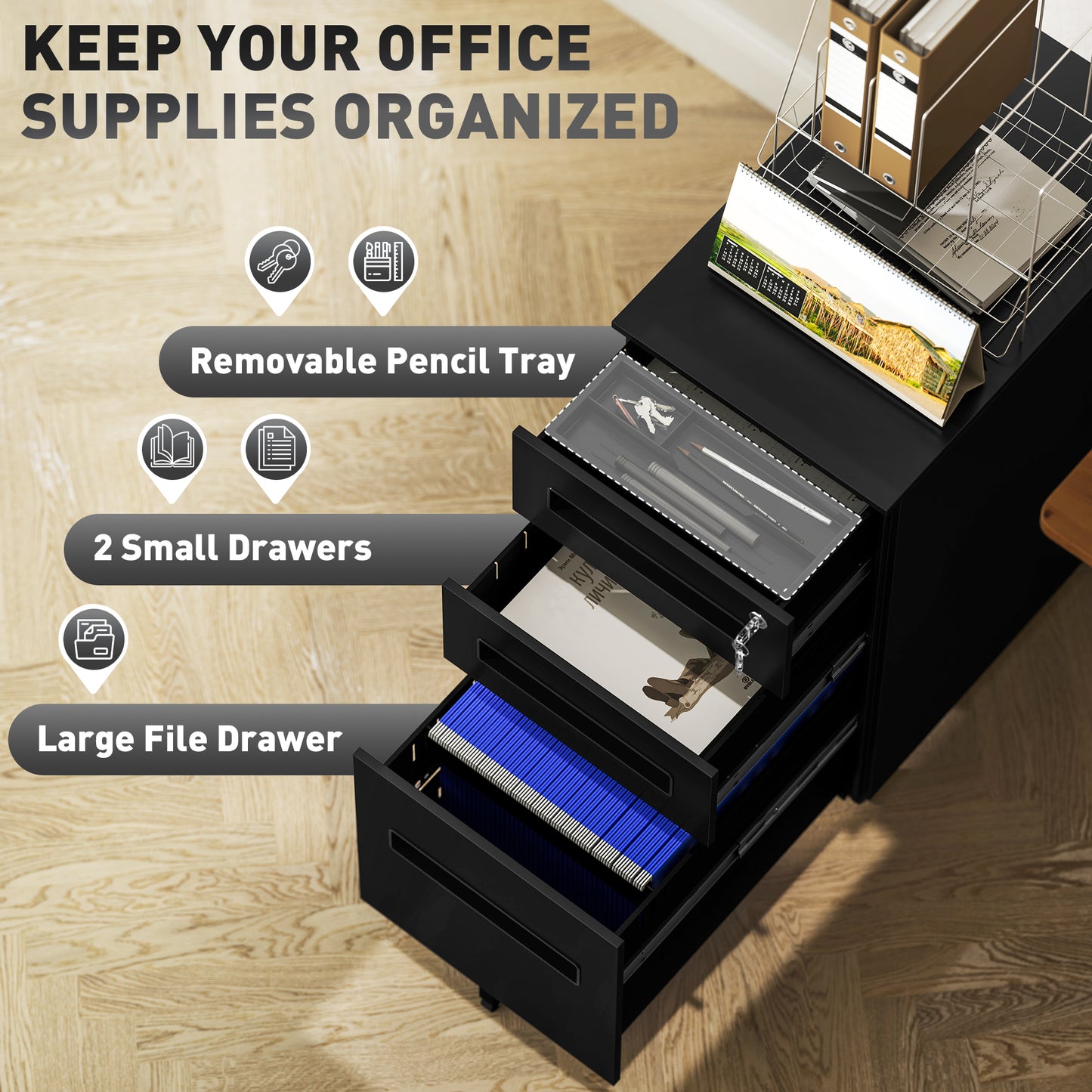 Lockable Mobile Filing Cabinet w/ 3 Drawers 30 x 43.5 x 60 cm Black
