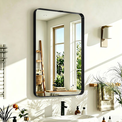Wall Mirror with Elevated Aluminium Alloy Frame, 60 x 90 cm Bathroom Mirror with Tempered Glass for Living Room, Bedroom, Hallway, Black