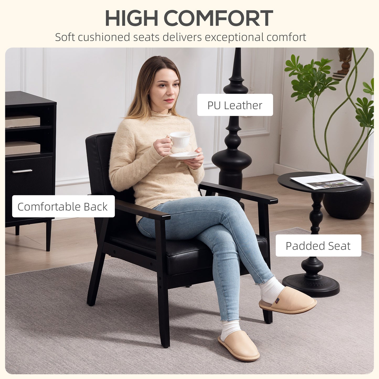Accent Chair PU Leather Armchair with Armrests for Living Room Black