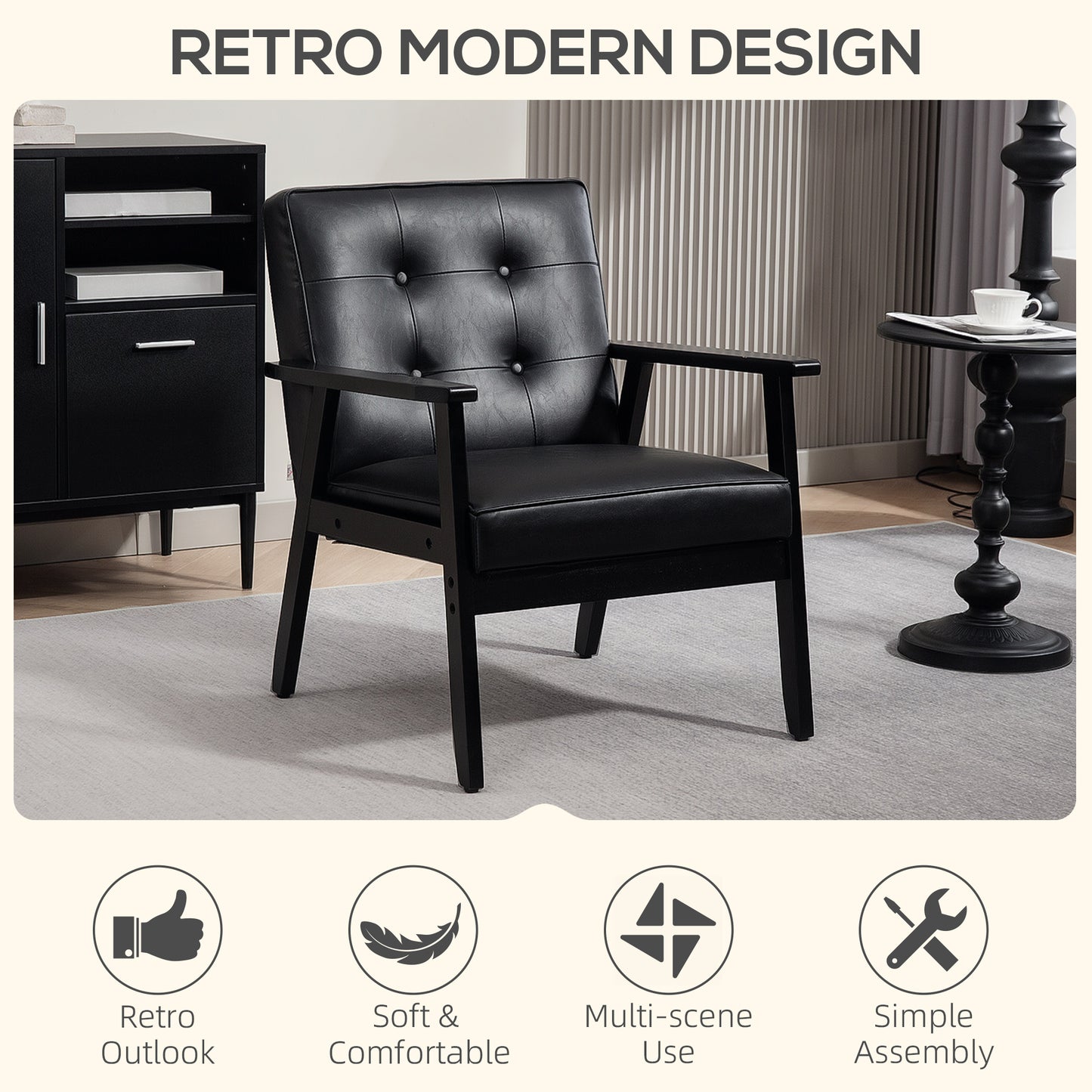 Accent Chair PU Leather Armchair with Armrests for Living Room Black