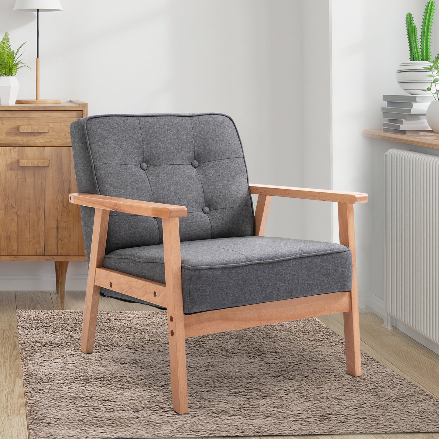 Accent Chair Linen Armchair w/ Armrests for Living Room Grey Natural
