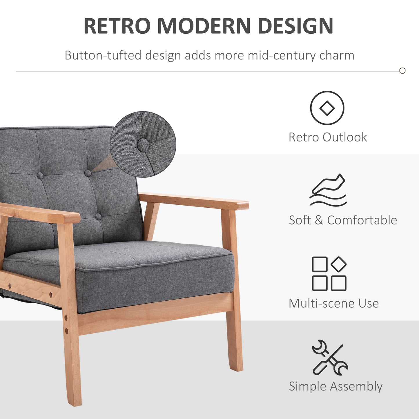 Accent Chair Linen Armchair w/ Armrests for Living Room Grey Natural