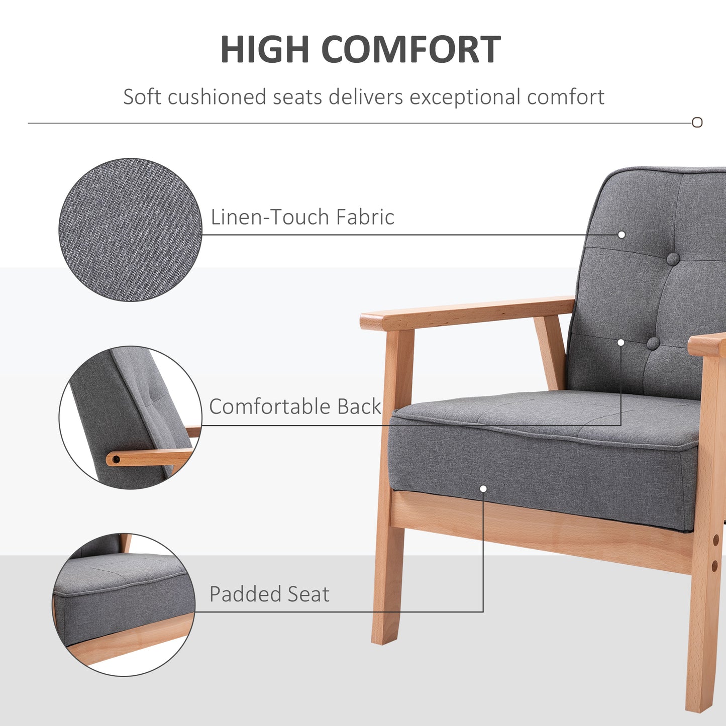 Accent Chair Linen Armchair w/ Armrests for Living Room Grey Natural