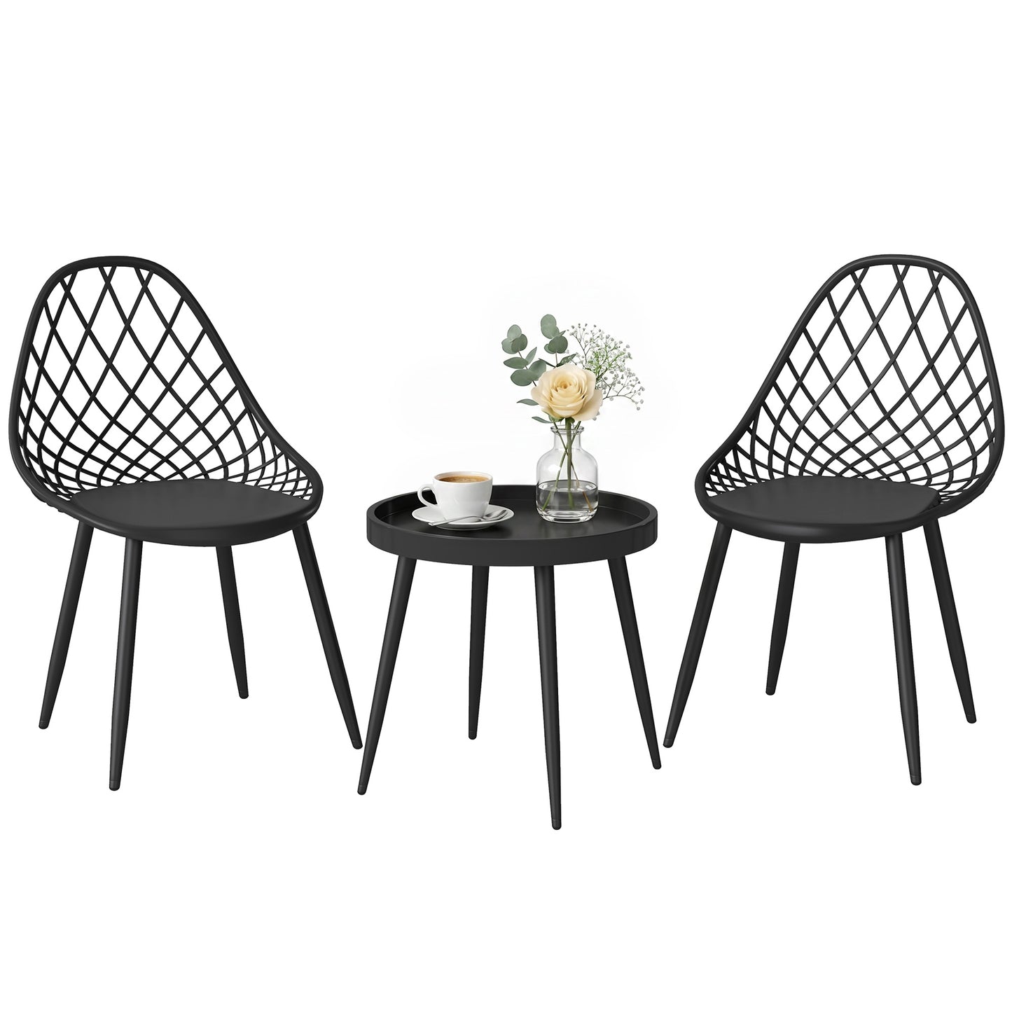 3-Piece Outdoor Bistro Set with 2 Chairs and Round Table, Weather-Resistant Metal Frame, Modern Patio Furniture for Garden, Balcony, Porch, Black