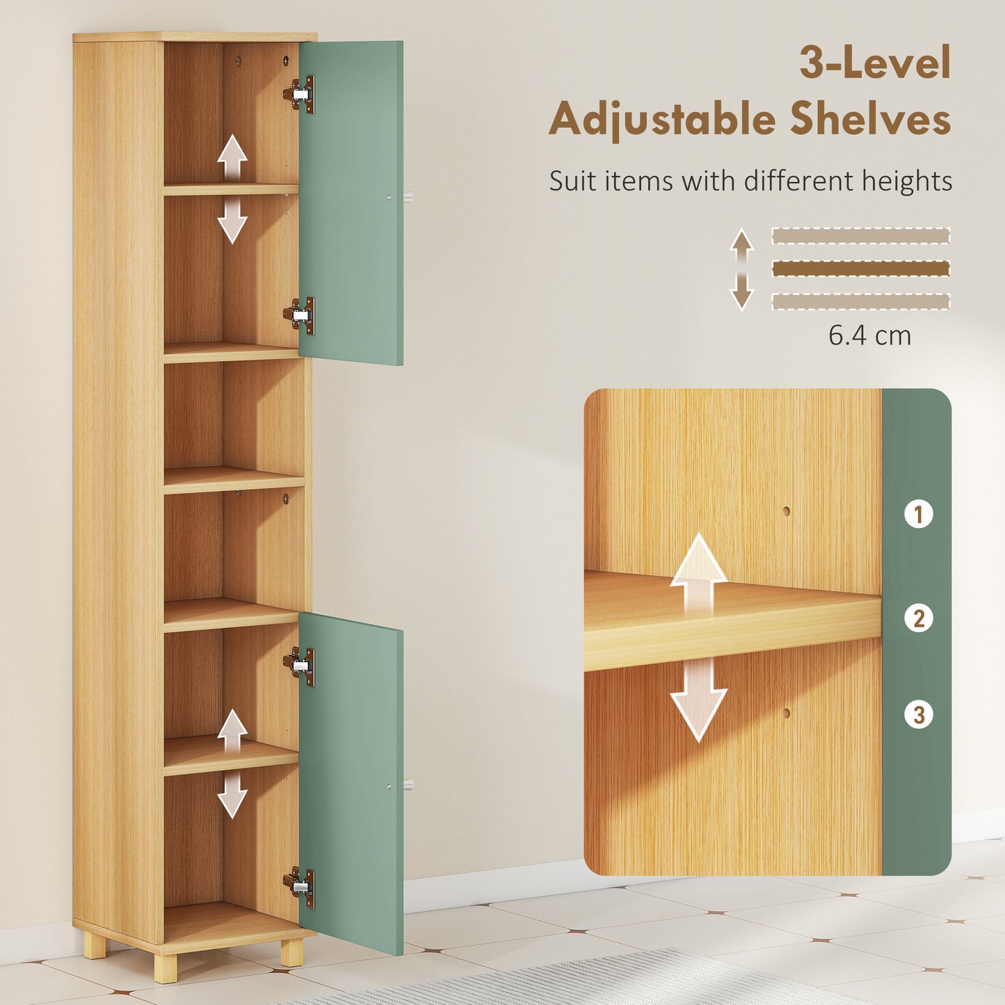 Tall Bathroom Cabinet with Adjustable Shelves and Open Shelves, Green