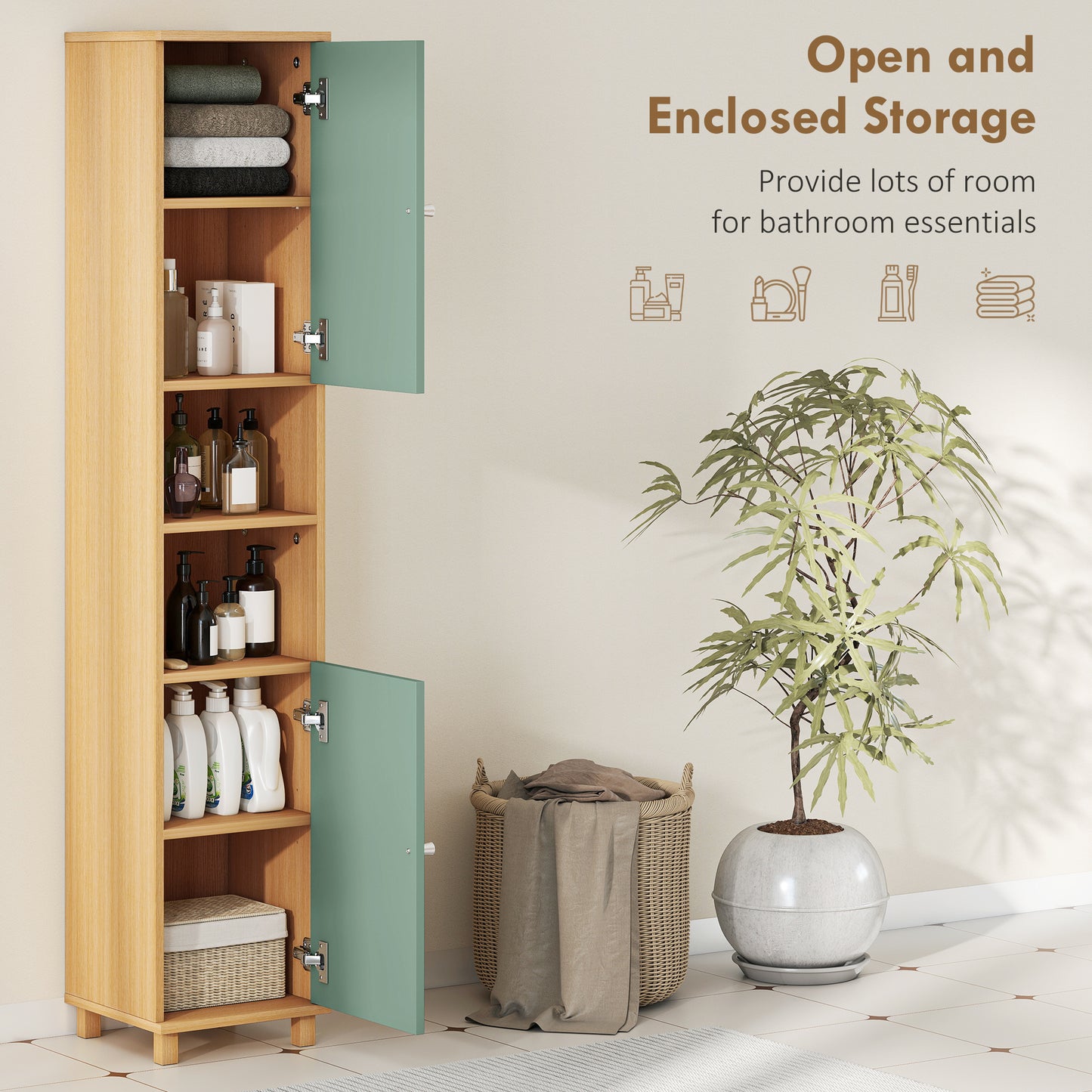Tall Bathroom Cabinet with Adjustable Shelves and Open Shelves, Green
