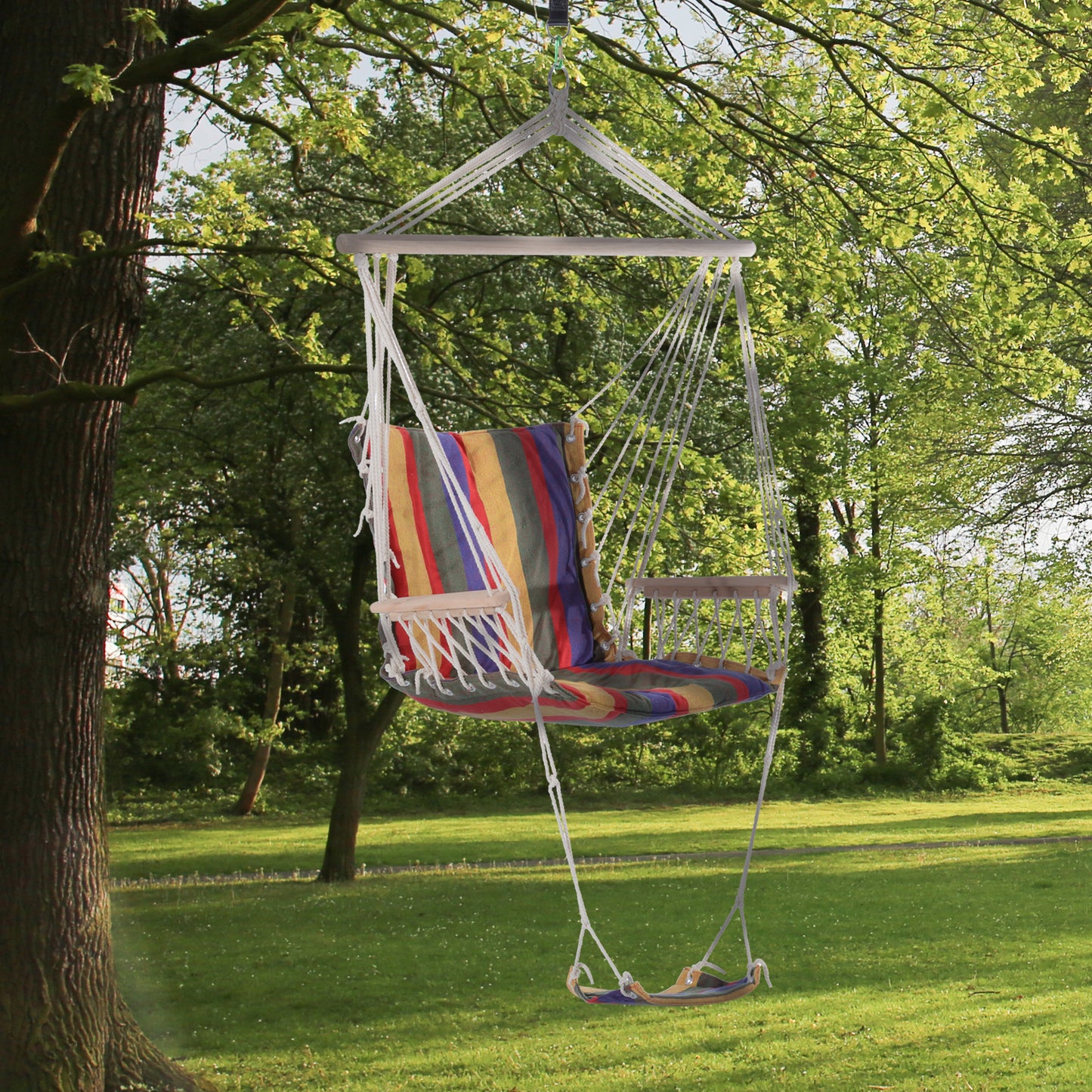 Outdoor Hammock Hanging Rope Chair Garden Yard Patio Swing Seat Wooden w/ Footrest Armrest Cotton Cloth (Red)