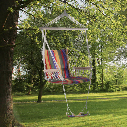Outdoor Hammock Hanging Rope Chair Garden Yard Patio Swing Seat Wooden w/ Footrest Armrest Cotton Cloth (Red)