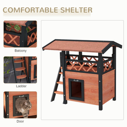 Cat House Outdoor w/ Balcony Stairs Roof, 77 x 50 x 73 cm, Brown