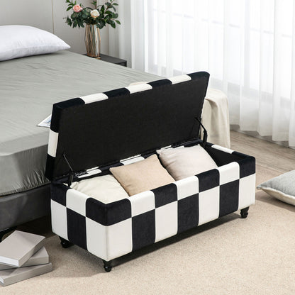 Velvet Storage Ottoman, Button-tufted Footstool Box, Toy Chest with Lid for Living Room, Bedroom, White and Black