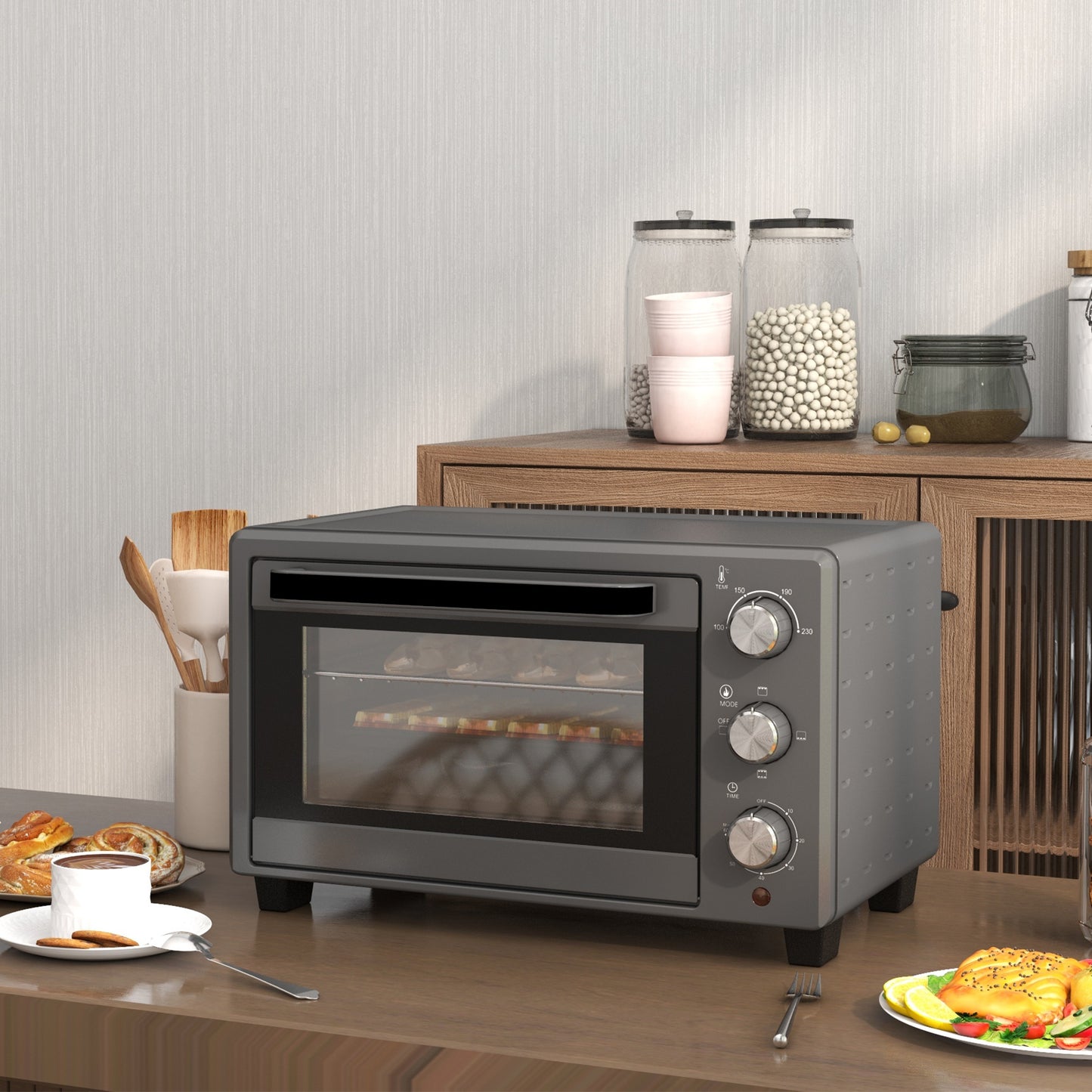 Mini Oven 21L Electric Grill w/ Adjustable Temp Timer 1400W, Grey
