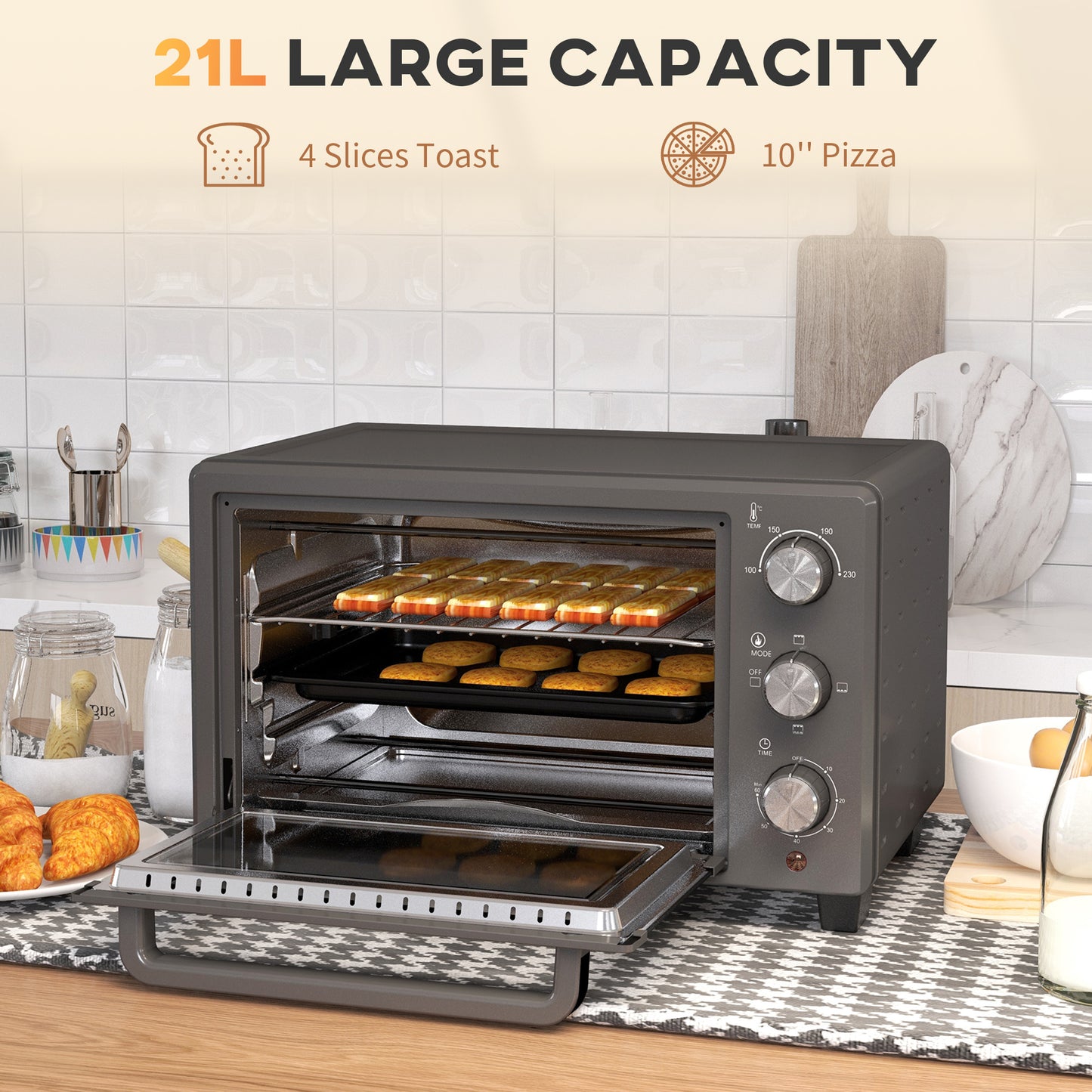 Mini Oven 21L Electric Grill w/ Adjustable Temp Timer 1400W, Grey