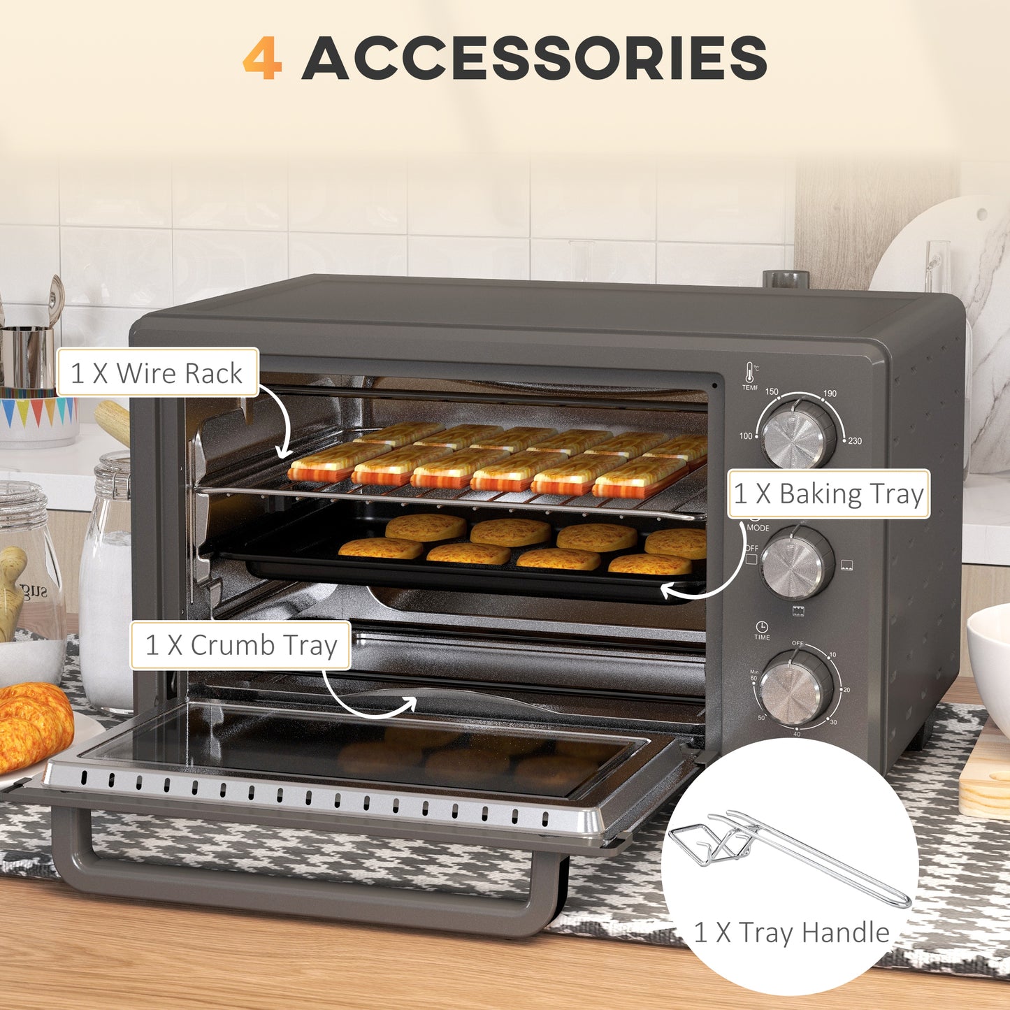 Mini Oven 21L Electric Grill w/ Adjustable Temp Timer 1400W, Grey