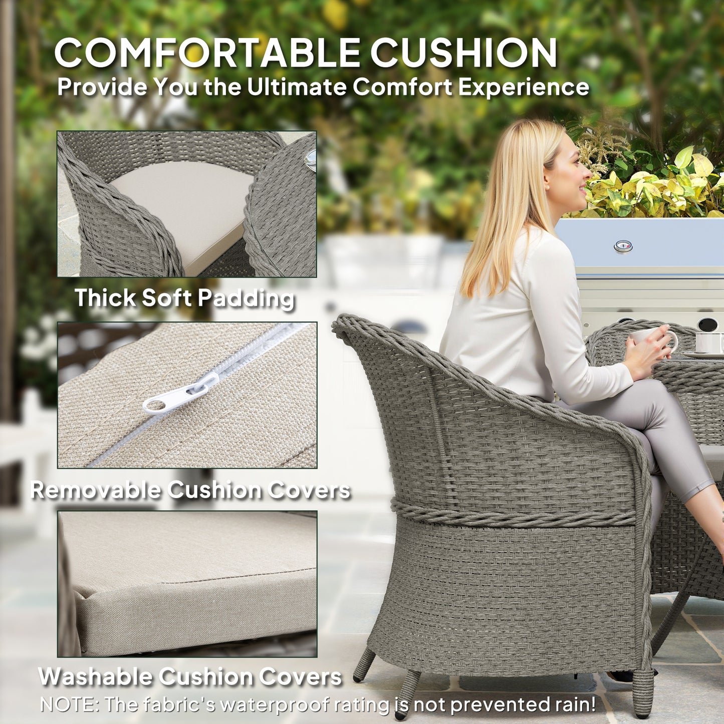 Rattan Dining Set for 4 with Cushions and Umbrella Hole, Grey
