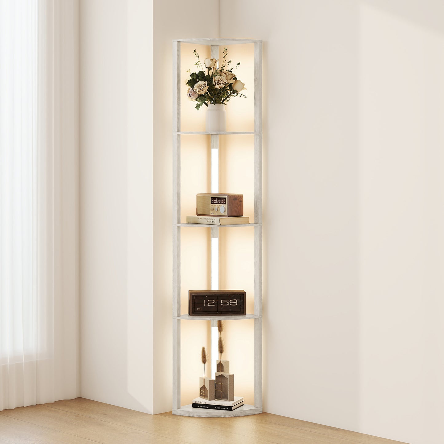 Corner Floor Lamp with Dimmable Warm White LED Light, Oak
