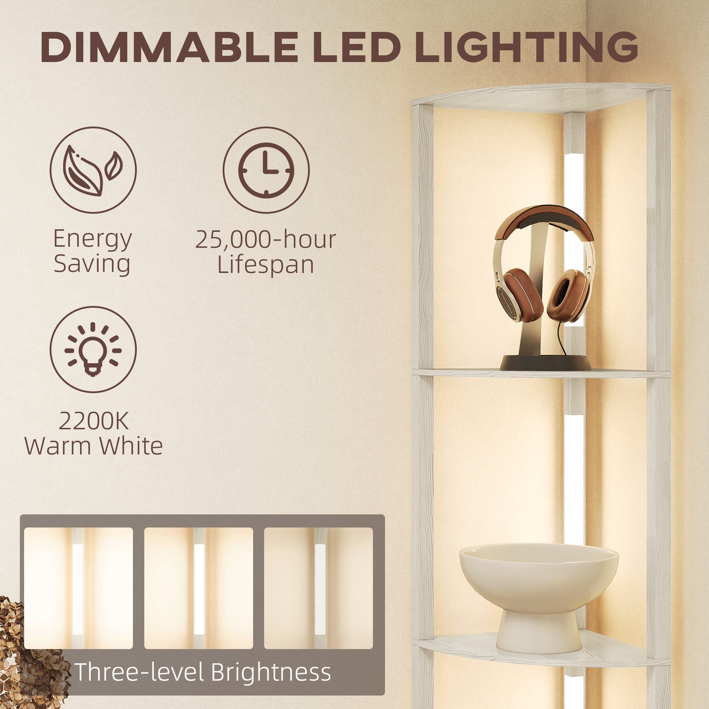 Corner Floor Lamp with Dimmable Warm White LED Light, Oak
