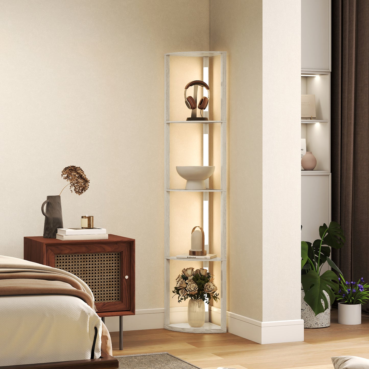 Corner Floor Lamp with Dimmable Warm White LED Light, Oak