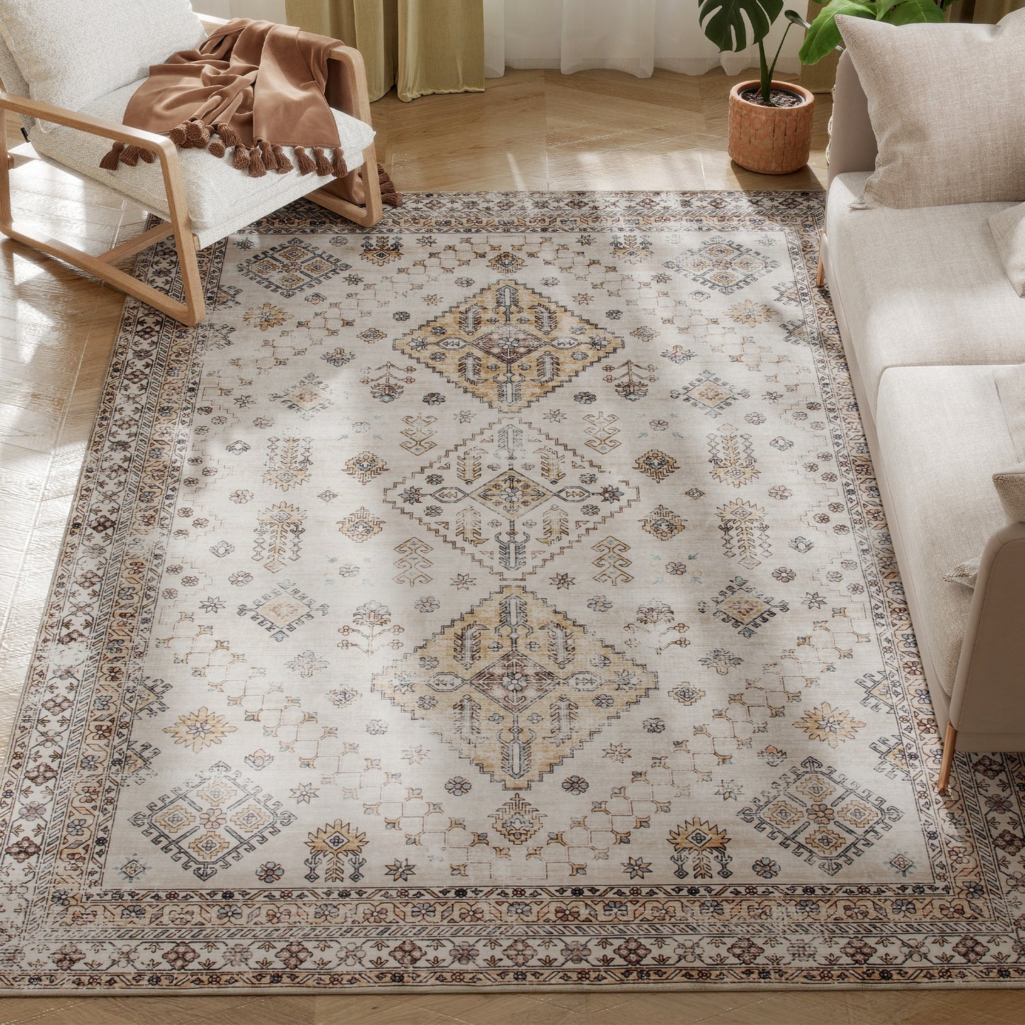 Flannel Non-Slip Washable Rug for Living Room, 230 x 160 cm, Beige