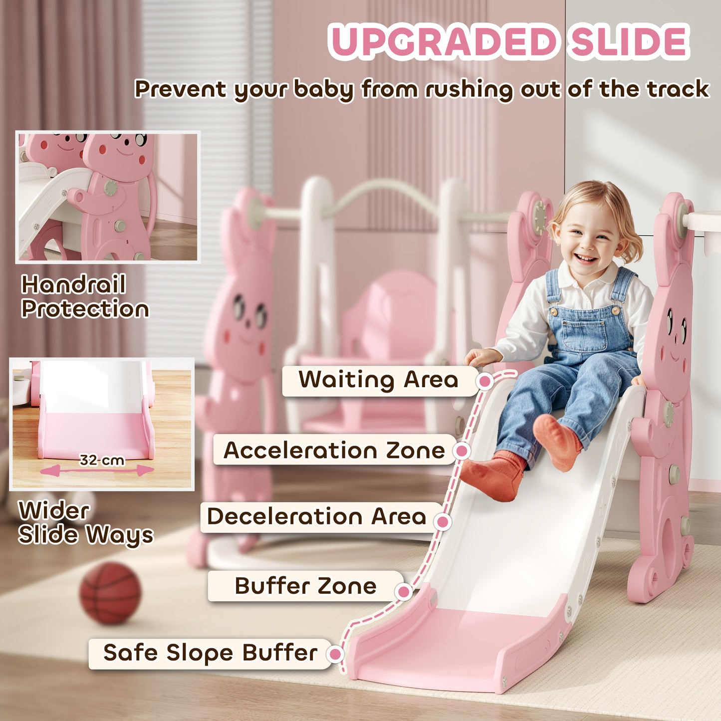 4 in 1 Kids Slide and Swing Set with Climber, Basketball Hoop, Pink