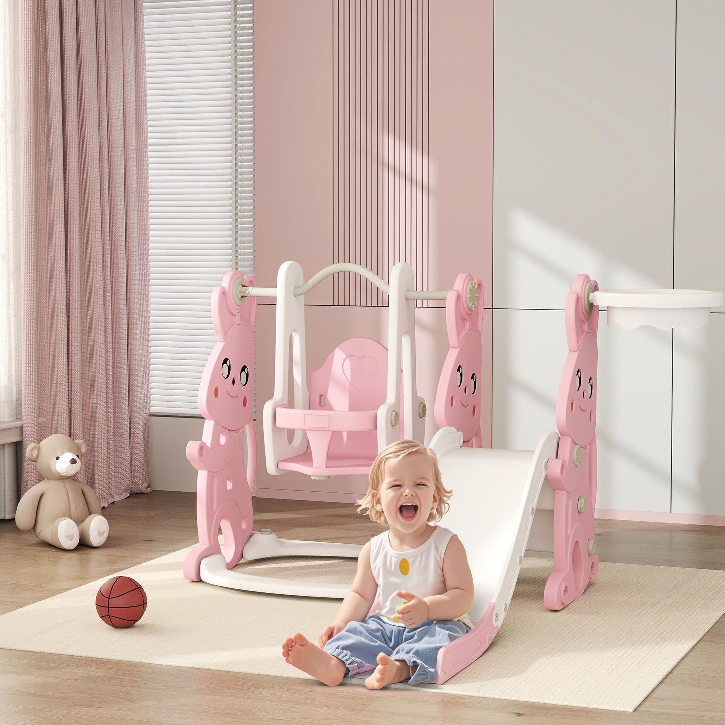 4 in 1 Kids Slide and Swing Set with Climber, Basketball Hoop, Pink