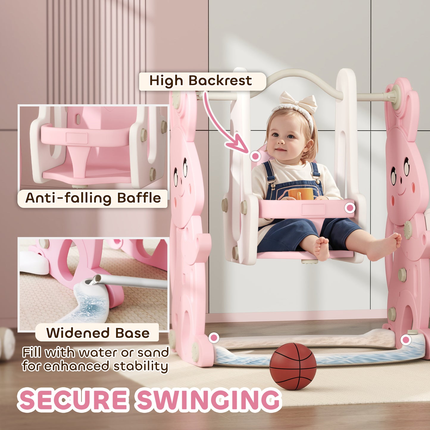 4 in 1 Kids Slide and Swing Set with Climber, Basketball Hoop, Pink