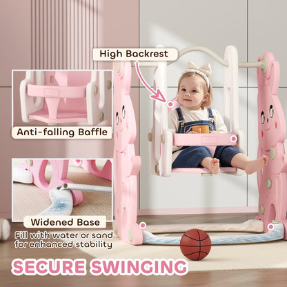 4 in 1 Kids Slide and Swing Set with Climber, Basketball Hoop, Pink