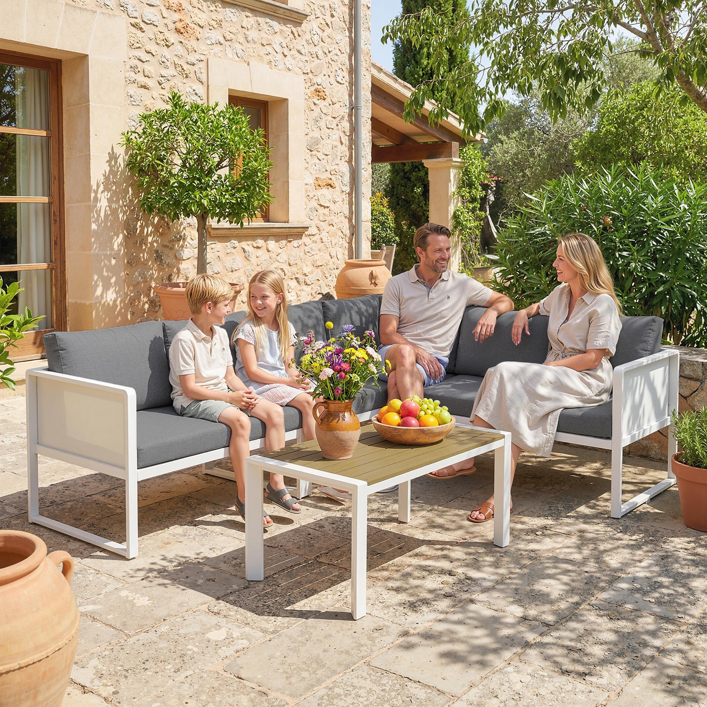 6 Seater Metal Garden Furniture Corner Sofa Set, White