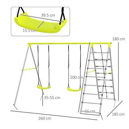 4 in 1 Metal Garden Swing Set with Double Swings Climber Climbing Net Green