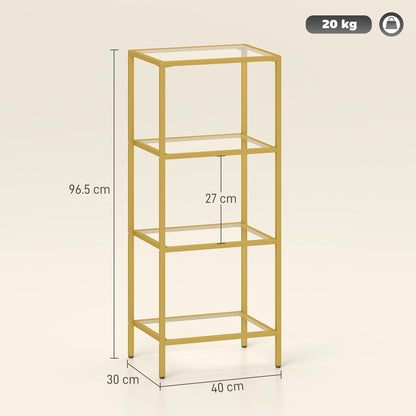 4-Tier Shelving Unit Modern Glass Shelf Bookshelf for Home Gold Tone