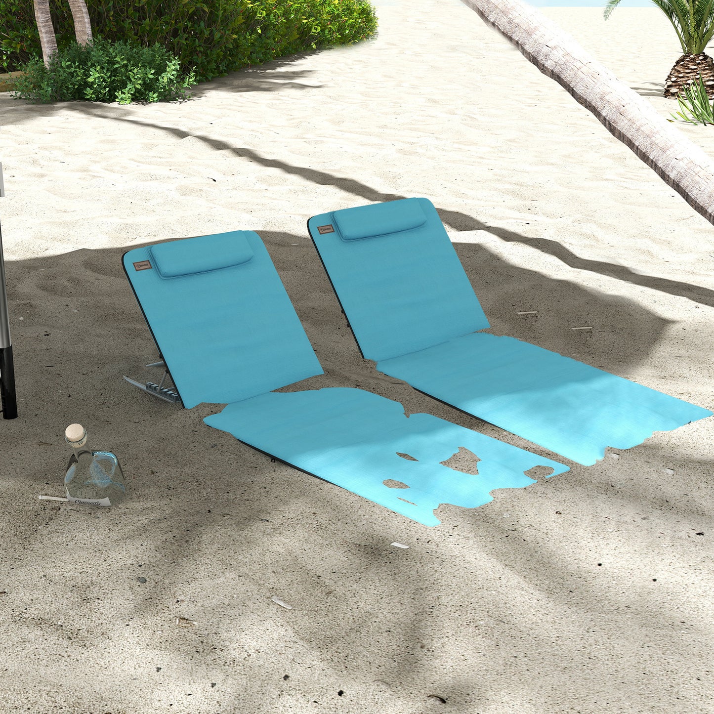 Set of 2 Foldable Garden Beach Chair Mat Lightweight Outdoor Sun Lounger Seats Adjustable Back Metal Frame PE Fabric Head Pillow, Sky Blue