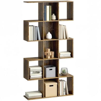 Geometric Bookshelf, 5-Tier S Shaped Bookcase, Rustic Brown