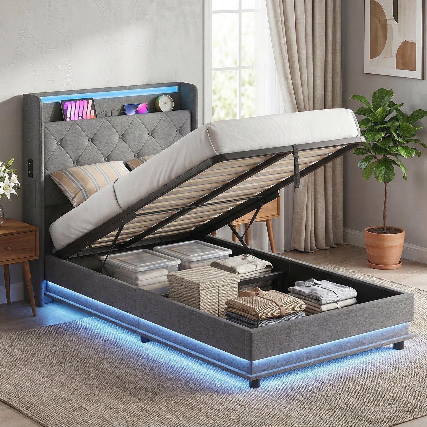 Lift up Storage Bed Frame with RGB LED Lights, 90 x 190cm, Dark Grey