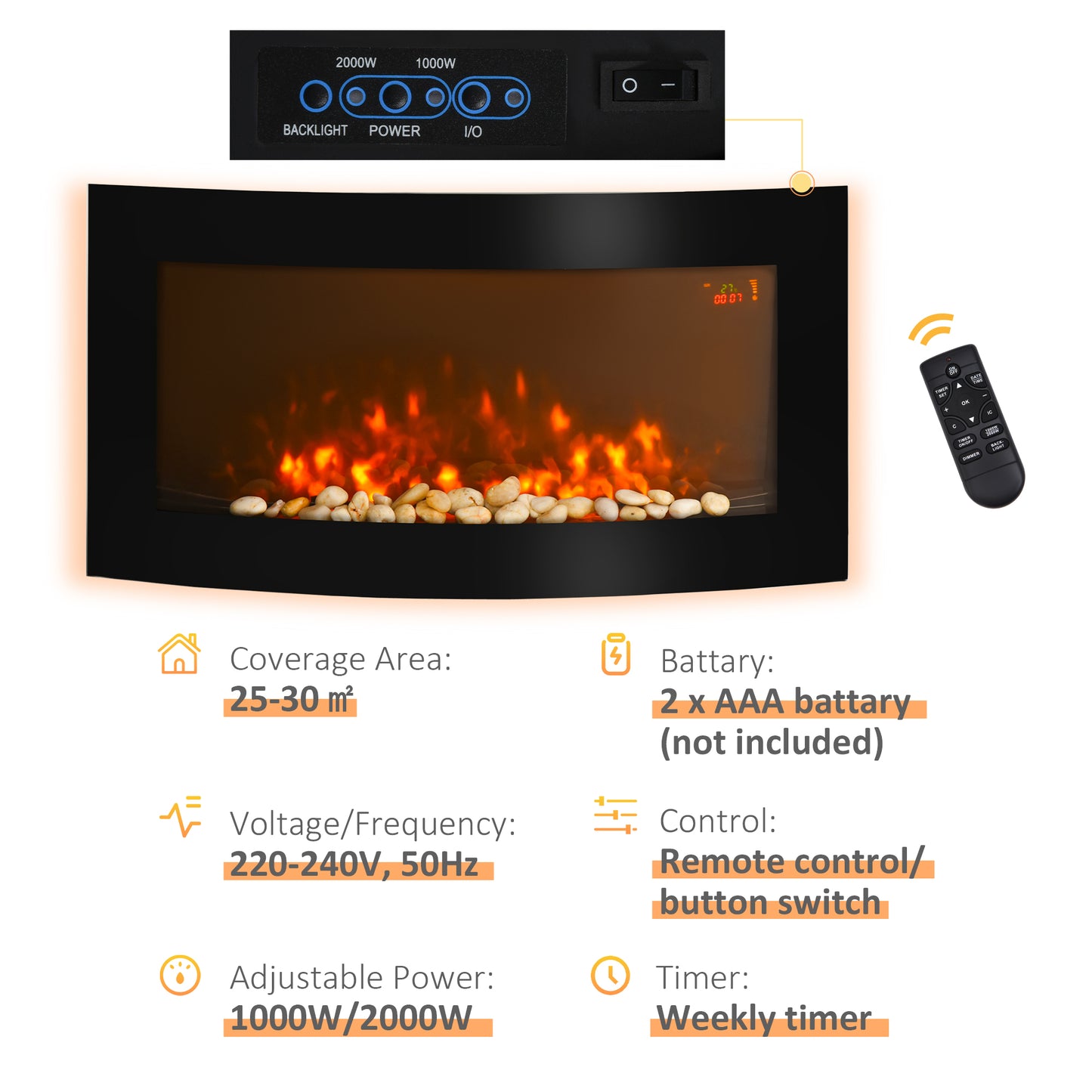 Electric Fireplace Wall Mounted Led Flame Curved Back Side Lights Heater