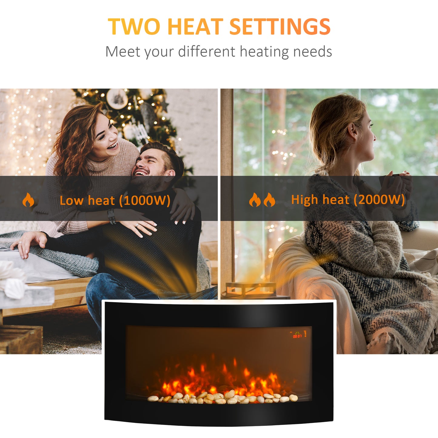 Electric Fireplace Wall Mounted Led Flame Curved Back Side Lights Heater