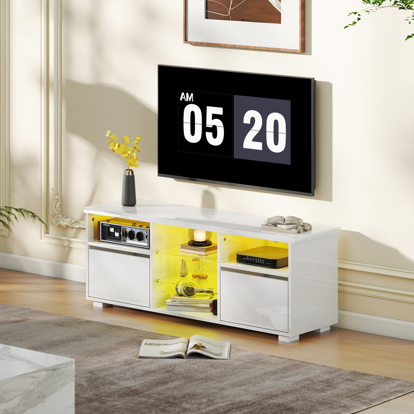 High Gloss TV Stand Cabinet with LED Lights for Living Room, White