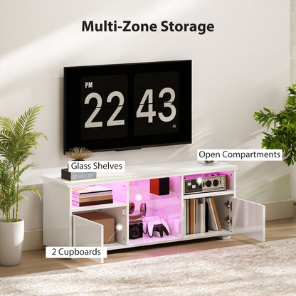High Gloss TV Stand Cabinet with LED Lights for Living Room, White