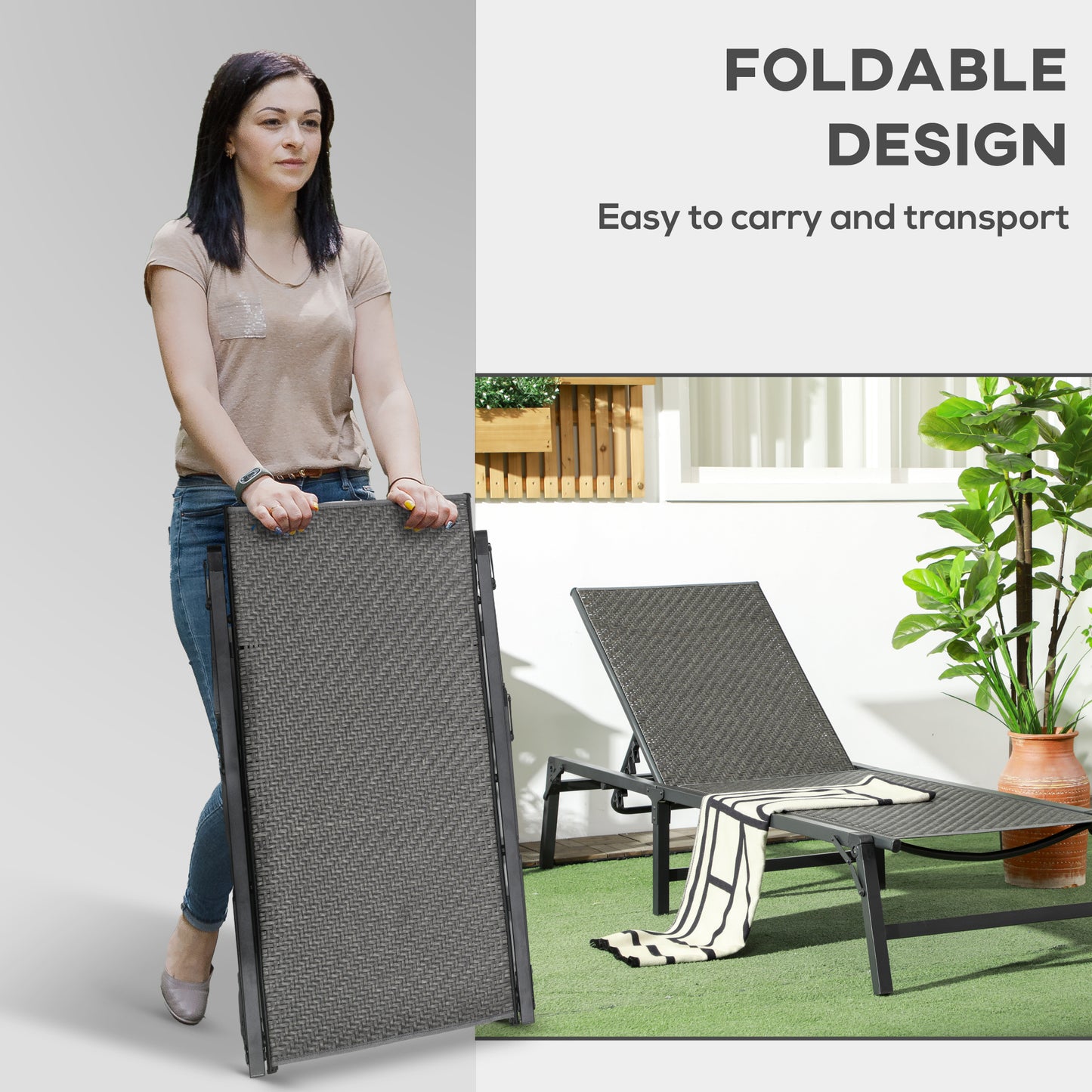Foldable Rattan Sun Lounger with 5-Level Adjust Backrest, Recliner Chair, Grey