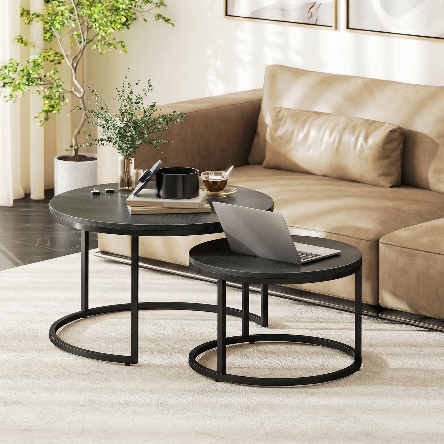 2 Pcs Stacking Coffee Table Set Steel Frame, Black Wood Grain