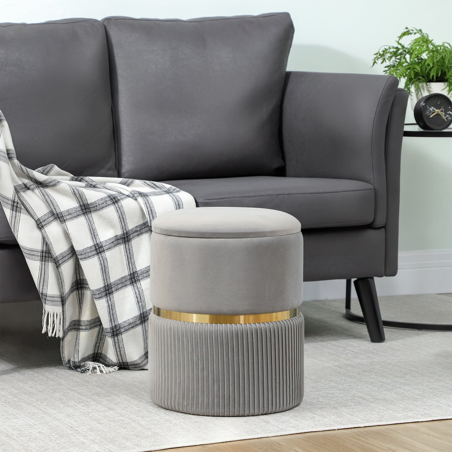 Round Pouffe Storage Footstool with Hidden Space, Light Grey