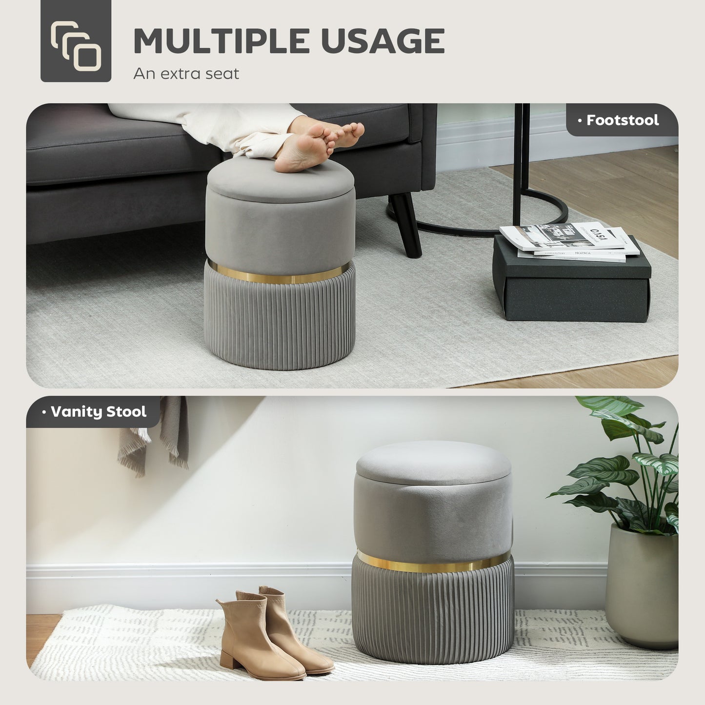 Round Pouffe Storage Footstool with Hidden Space, Light Grey
